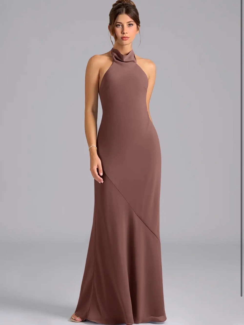 Azazie Chiffon Sleeveless High-Neck Maxi Dress in Espresso